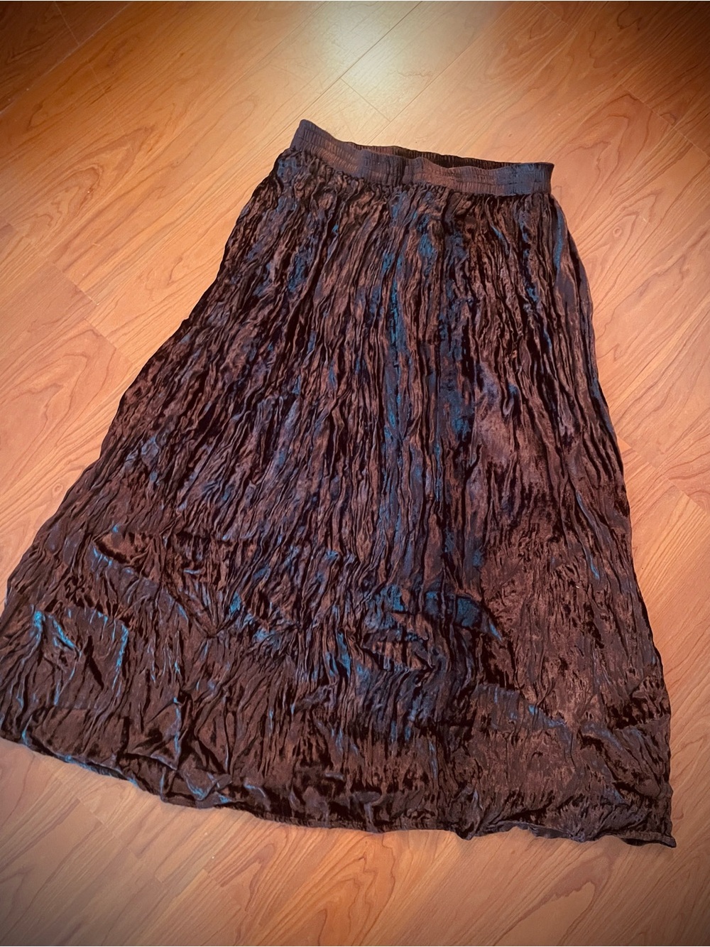 VTG Crushed Velvet Maxi Skirt Brown Broomstick Crinkle Whimsigoth Stevie Nicks L